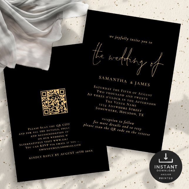 Classy QR Code Gold Black Wedding Invitation (Front and back view)