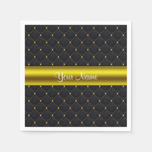 Classy Quilted Black and Gold Personalised Napkin (Front)