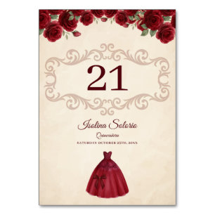 Classy Quinceanera Red Roses Floral Burgundy  Table Number