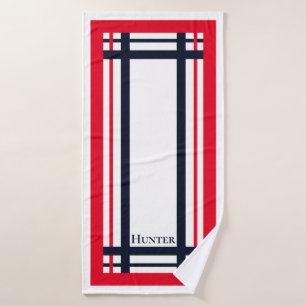 Classy Red and Navy Striped Monogrammed Bath Towel Set