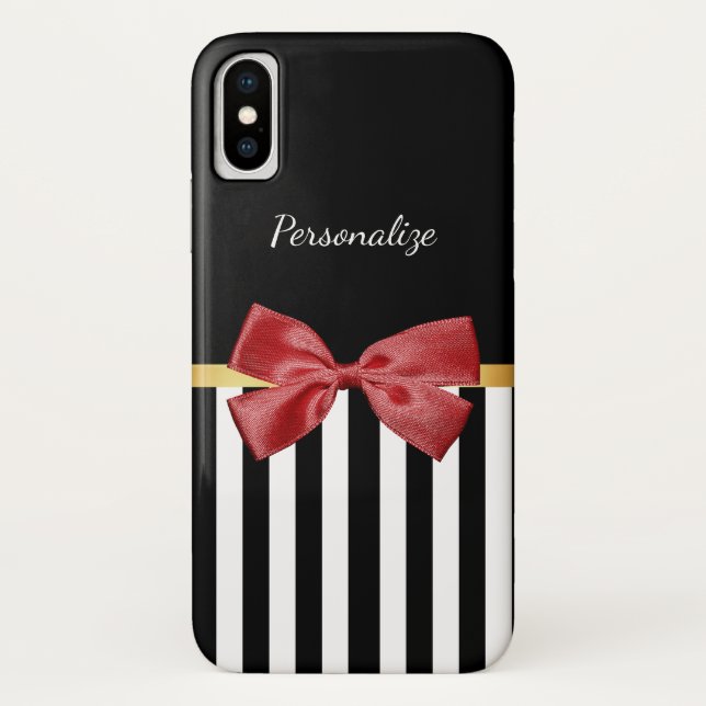 Classy Red Bow Black and White Stripes With Name Case-Mate iPhone Case (Back)