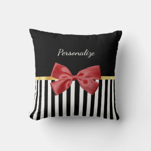 Classy Red Bow Black and White Stripes With Name Cushion