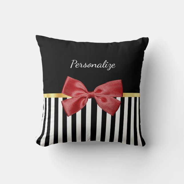 Classy Red Bow Black and White Stripes With Name Cushion (Front)