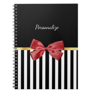 Classy Red Bow Black and White Stripes With Name Notebook