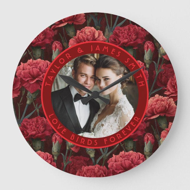 Classy Red Carnation Aesthetic Botanical Wedding Large Clock (Front)