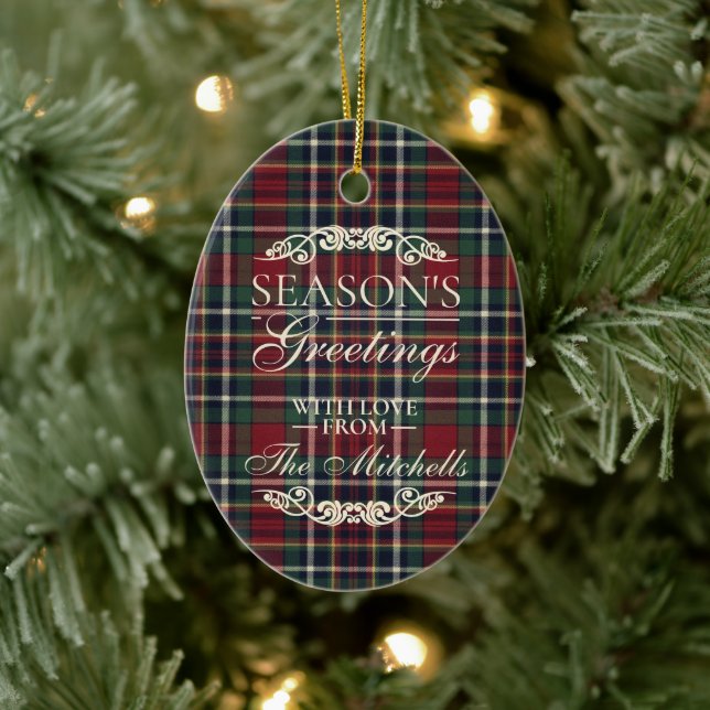 Classy Red Dark Teal Blue Floral Holiday Wreath Ceramic Ornament (Tree)