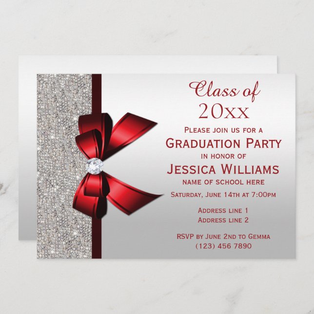 Classy Red Gem Bow, Silver Sequins Graduation Invitation (Front/Back)