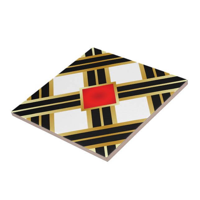 Classy Red Gold Black Square within a Square Ceramic Tile (Side)