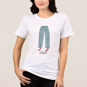 Classy Red Heels Denim Jeans Girly White Tri-Blend Shirt