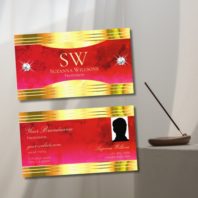 Classy Red Marble Shiny Gold Border Monogram Photo Business Card (Creator Uploaded)