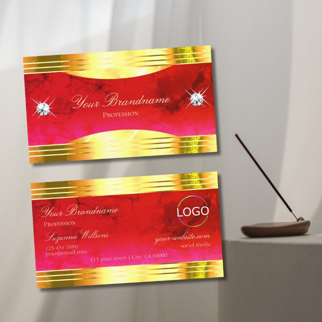 Classy Red Marble Shiny Gold Borders Logo De-Luxe Business Card (Creator Uploaded)
