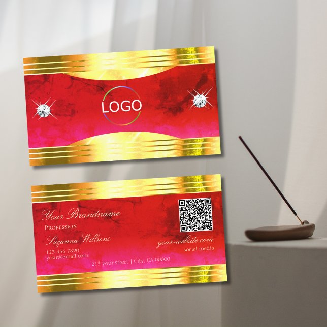 Classy Red Marble Shiny Gold Borders Logo QR Code Business Card (Creator Uploaded)
