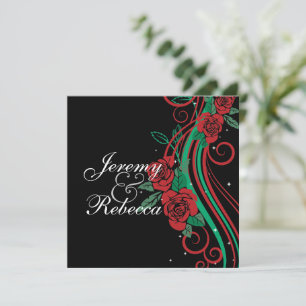 Classy Red Roses and green swirls on black wedding Invitation