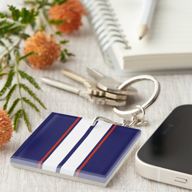 Classy Red, White, and Blue Racing Stripes Key Ring (Front Right)