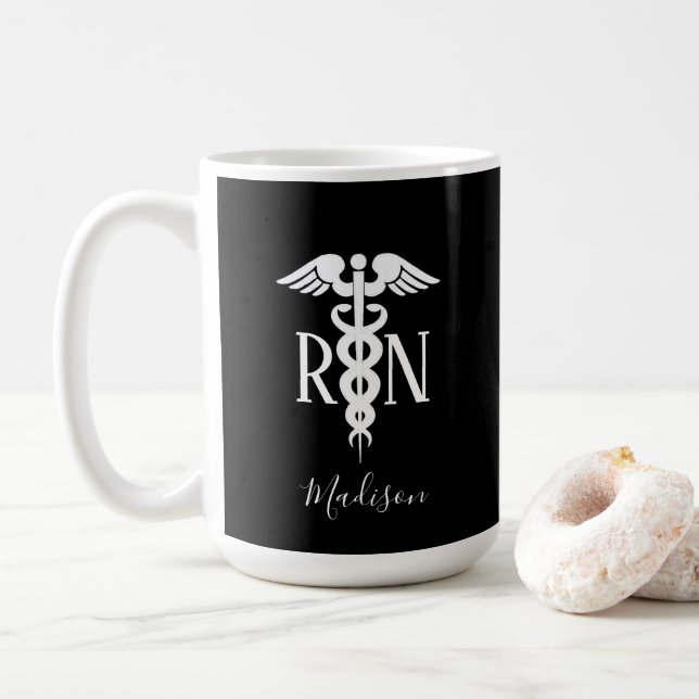 Classy Registered Nurse Black White Personalized Coffee Mug (With Donut)