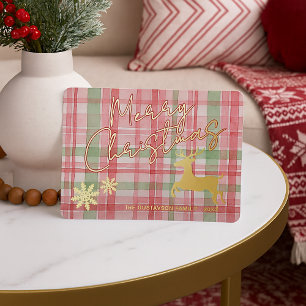 Classy Reindeer On Pink Red Light Green Plaid Gold Foil Holiday Card