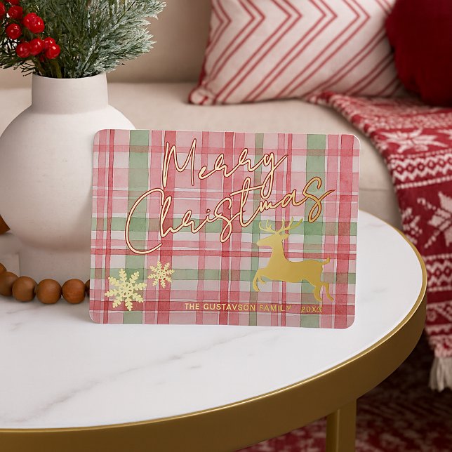 Classy Reindeer On Pink Red Light Green Plaid Gold Foil Holiday Card (Creator Uploaded)