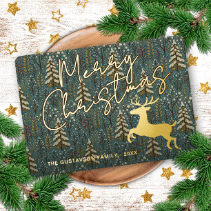 Classy Reindeer On Wintery Forest Trees Gold Foil Holiday Card