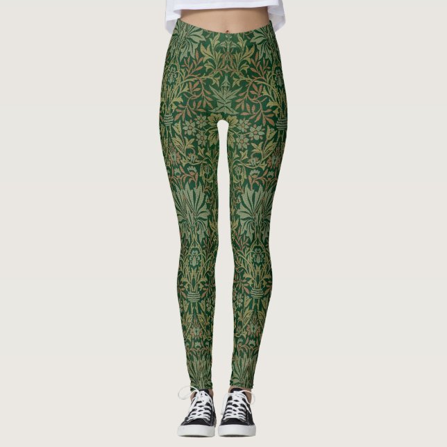 Classy Retro Cute Nature Leaf Green Floral Pattern Leggings (Front)