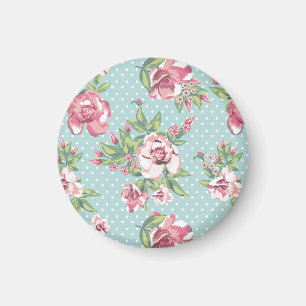 Classy retro floral pattern cute polka dots blue magnet