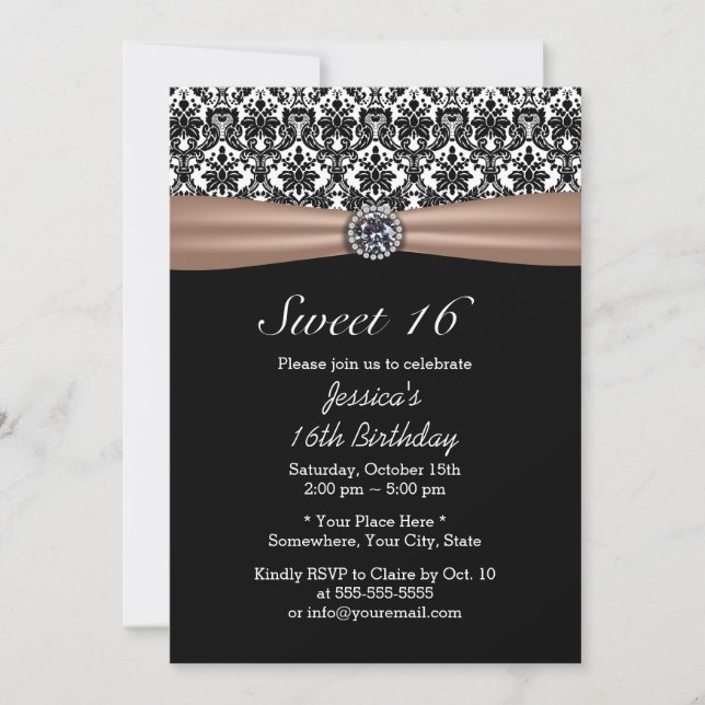 Classy Ribbon & Damask Diamond Sweet 16 Invitation (Front)