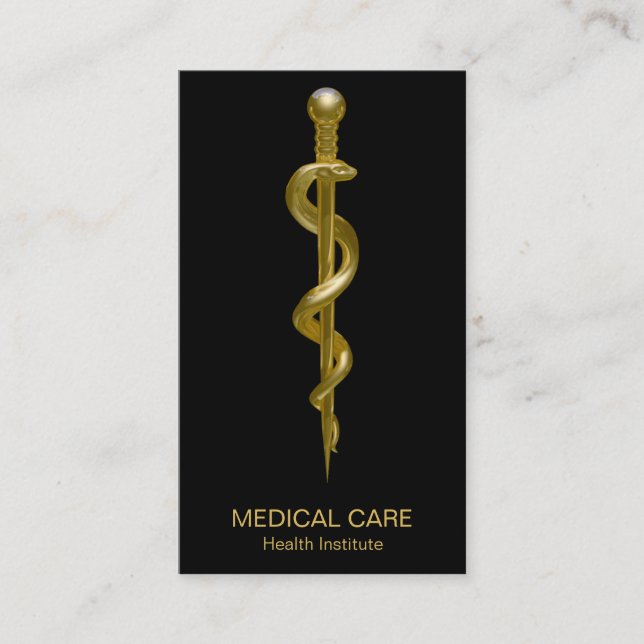 Classy Rod of Asclepius Medical Gold on Black Business Card (Front)