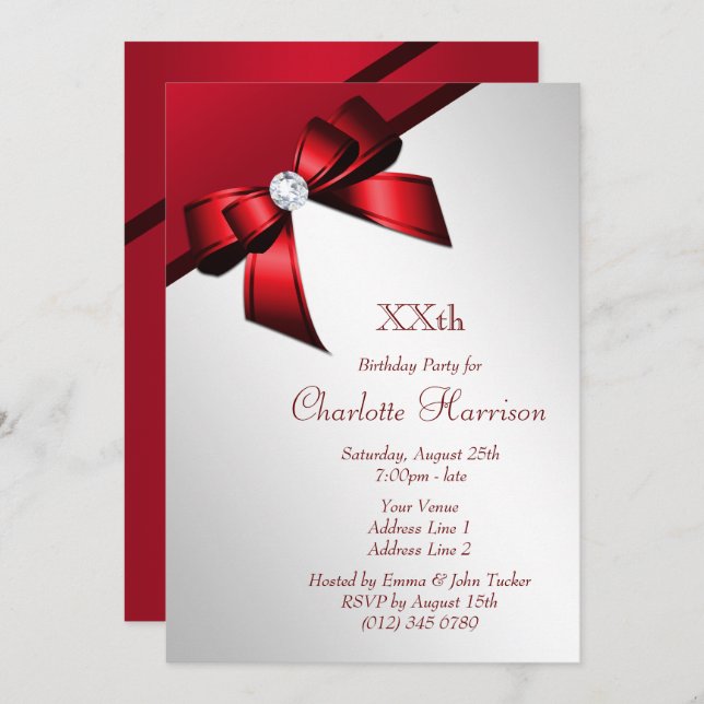 Classy Romantic Red & Silver Birthday Party Invitation (Front/Back)