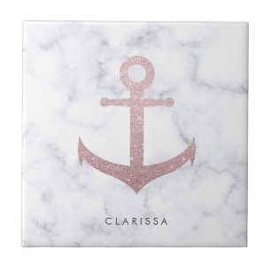 Classy rose gold glitter anchor & white marble ceramic tile