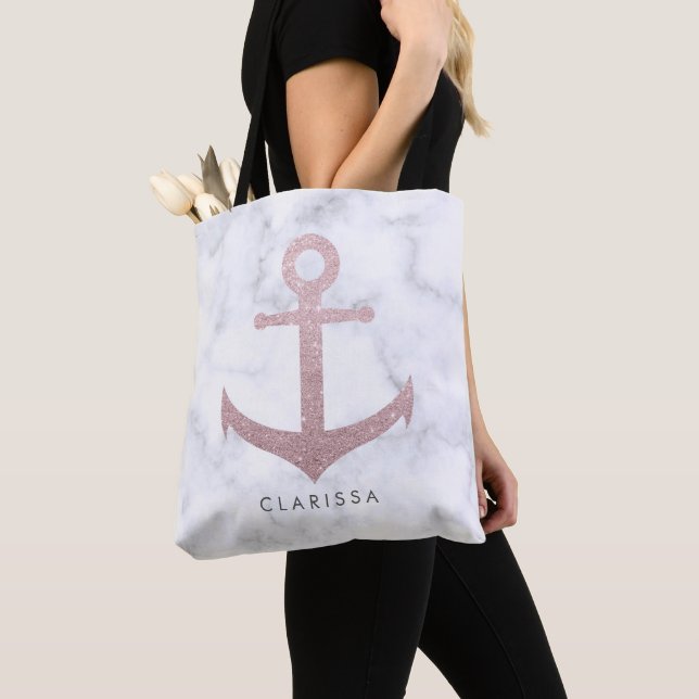 Classy rose gold glitter anchor & white marble tote bag (Close Up)