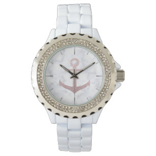Classy rose gold glitter anchor & white marble watch