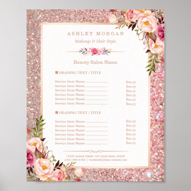 Classy Rose Gold Glitter Floral Beauty Salon Menu Poster (Front)