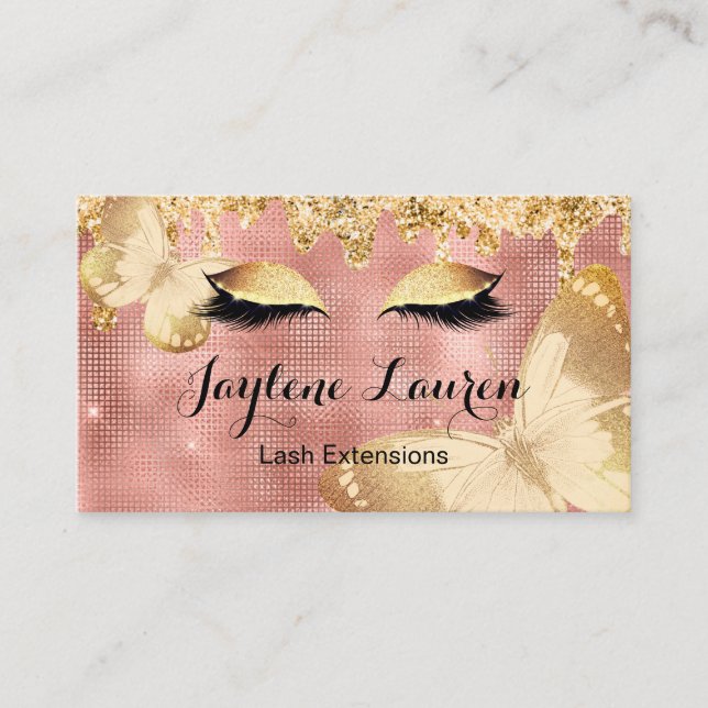 Classy Rose Gold Lashes And Butterflies Business Card (Front)