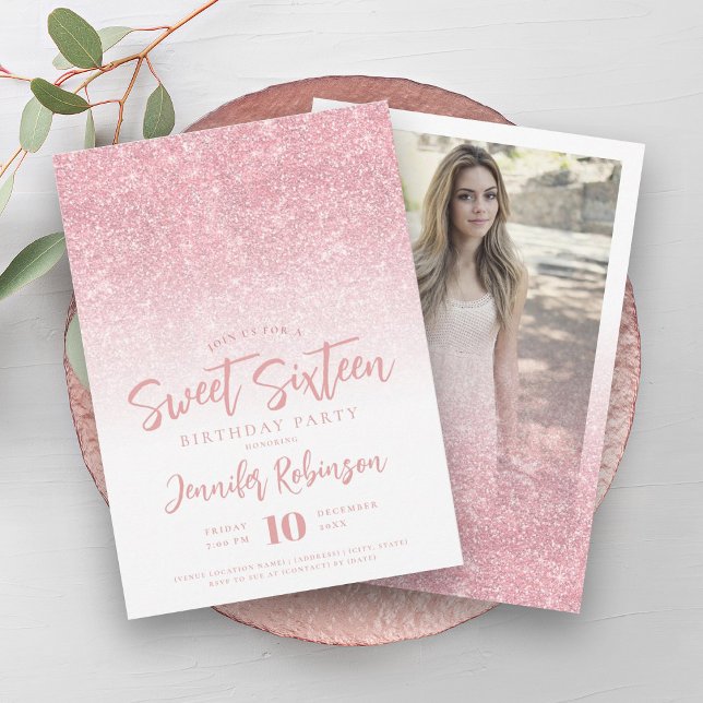 Classy Rose Gold Sparkle Glitter Photo Sweet 16   Invitation (Classy Rose Gold Sparkle Glitter Photo Sweet 16 Invitation)