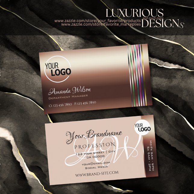 Classy Rose Golden Colourful Stripes add Logo Nobl Business Card (Creator Uploaded)