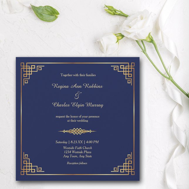 Classy Royal Blue Gold Frame Wedding Invitation (Creator Uploaded)