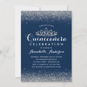 Classy Royal Blue Quinceañera Silver Tiara Glitter Invitation