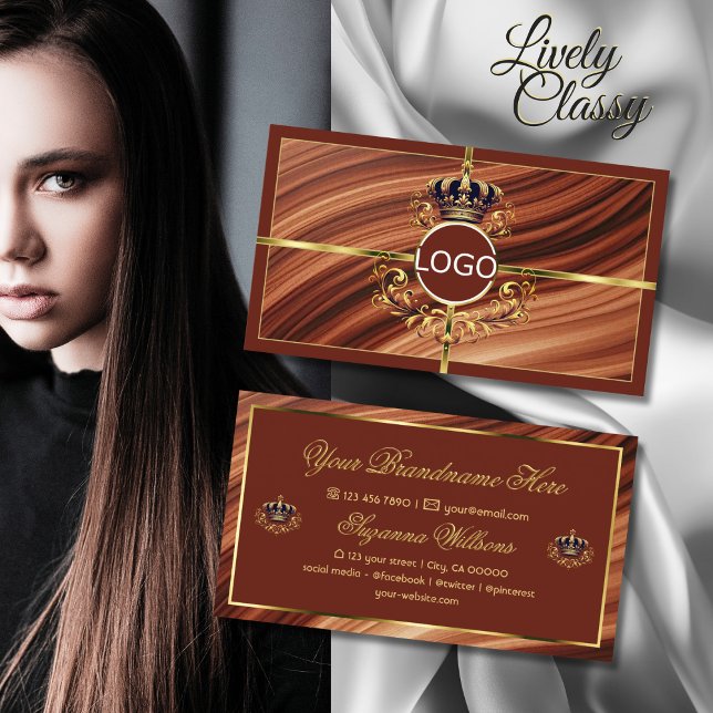 Classy Royal Brown Gold Crown with Logo Impressive Business Card (Creator Uploaded)