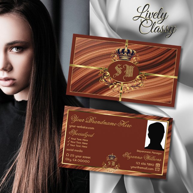Classy Royal Brown Gold Crown with Monogram Photo Business Card (Creator Uploaded)