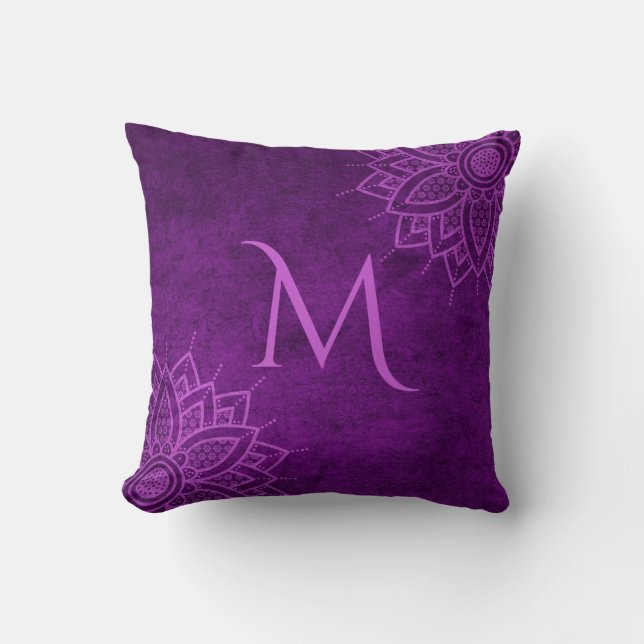 Classy Royal Purple Mandala Monogram Throw Pillow (Front)