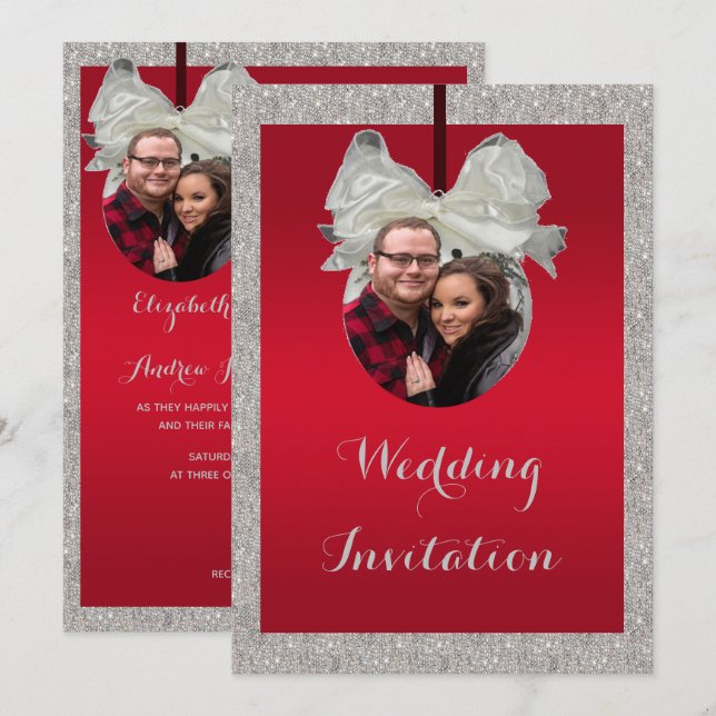 Classy Ruby Red & Sparkly Bauble Christmas Wedding Invitation (Front/Back)