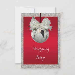 Classy Ruby Red & Sparkly Bauble Christmas Wedding RSVP Card