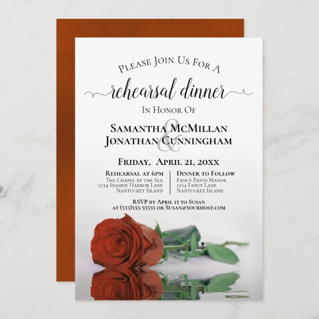 Classy Rust Orange Rose Wedding Rehearsal Dinner Invitation (Front/Back)