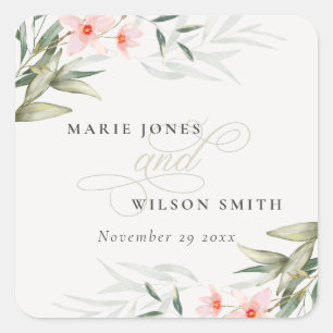 Classy Rustic Blush Greenery Floral Bunch Wedding Square Sticker