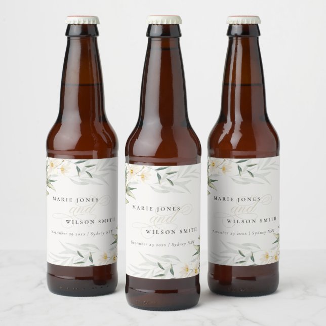 Classy Rustic White Greenery Floral Bunch Wedding Beer Bottle Label (Bottles)