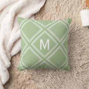 Classy Sage and White Diamond Pattern Monogram Cushion