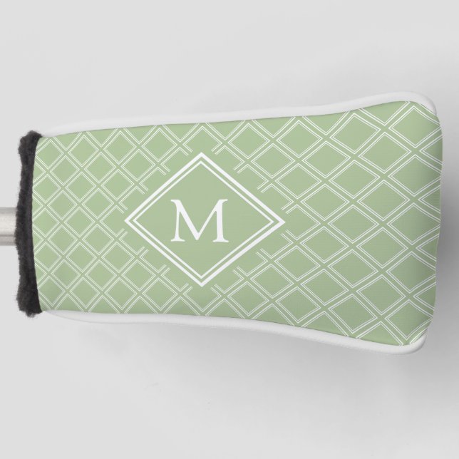 Classy Sage and White Diamond Pattern Monogram Golf Head Cover (Front)