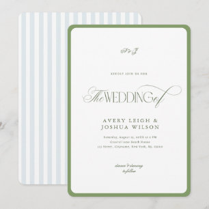 Classy Sage Green & Blue Stripes Coastal Wedding Invitation