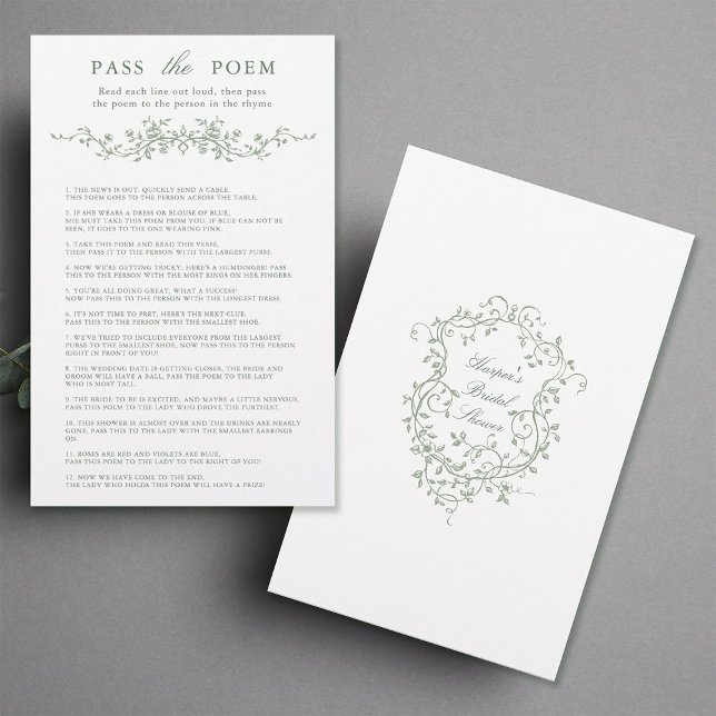 Classy Sage Green Floral 'Pass the Poem' Game  (Front & Back)