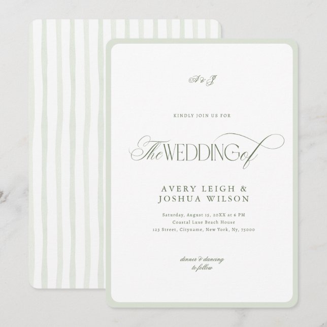 Classy Sage Green Stripes Spring Garden Wedding Invitation (Front/Back)