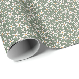 Classy Sage Green White Hand Drawn Flower Pattern. Wrapping Paper